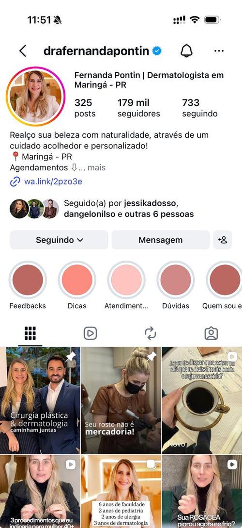 Perfil da Dra. Fernanda Pontin no Instagram com 179 mil seguidores